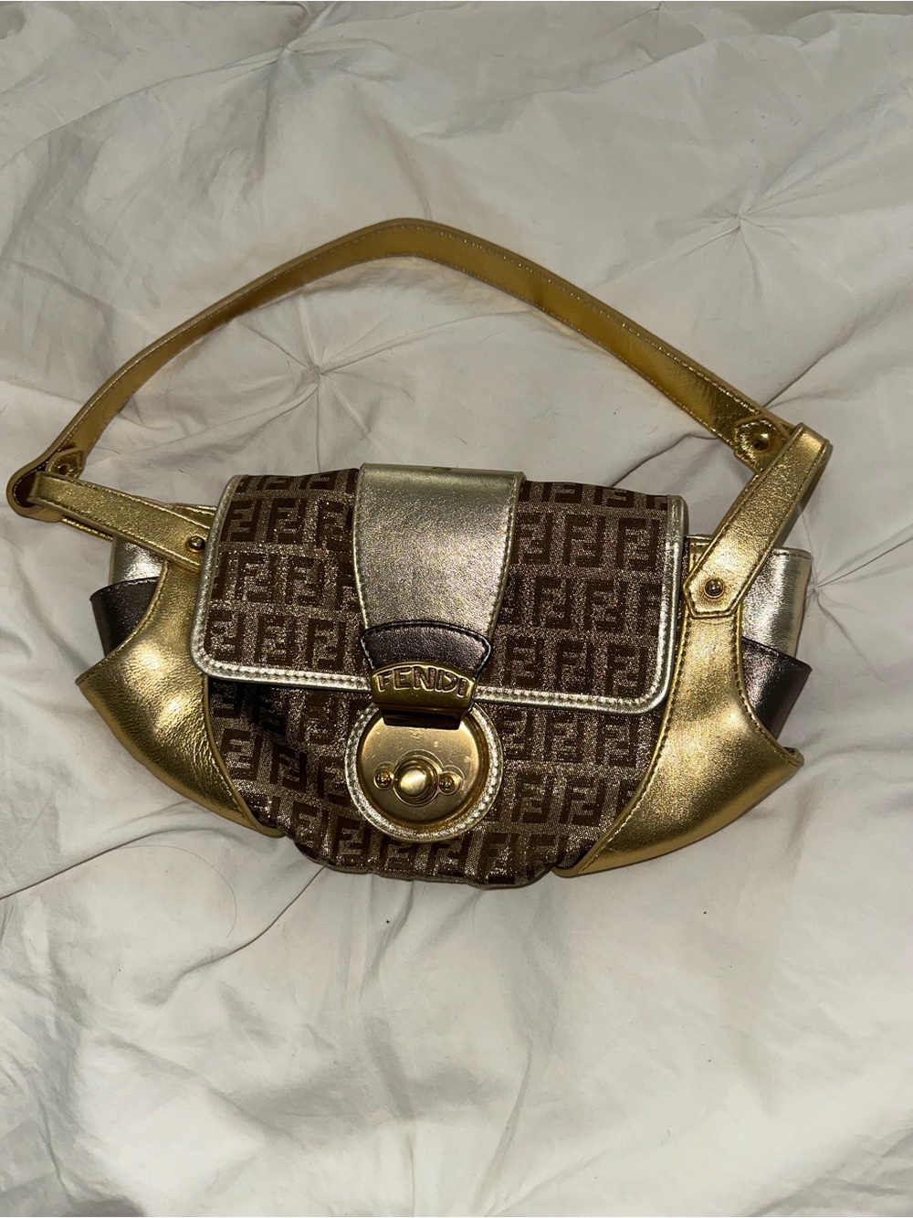 Y2K Fendi Brown FF Monogram Shoulder Bag with Gold Trim